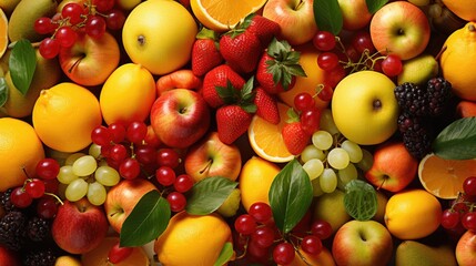 A background of many fruits and berries. - obrazy, fototapety, plakaty