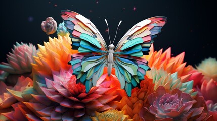 A 3d abstraction butterfly with a patchwork of colorful wings, resting on the bloom of a cactus flower.