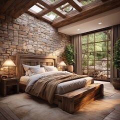 Wooden bedroom interior with high beamed ceiling, grey carpet floor and large bed with neatly arranged pillows. Northwest, USA
