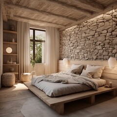 Wooden interior of bedroom in the house with colored furniture - 3d illustration