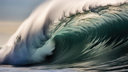 Powerful wave crashing onto shore surfers riding swells intense scene