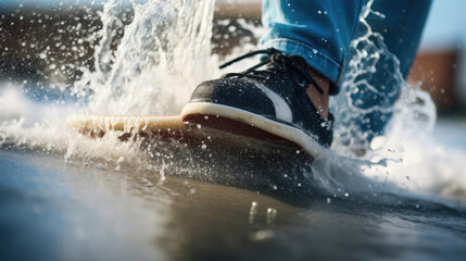 Close-up of surfer's feet maneuvering board water spray detail high-res