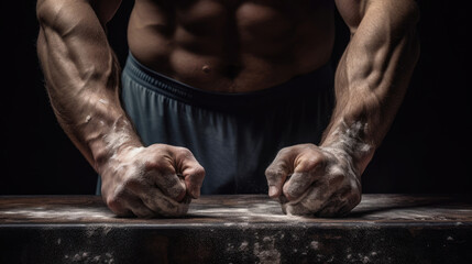 Detailed shot of weightlifter's hands on barbell chalk dust strength focus - obrazy, fototapety, plakaty