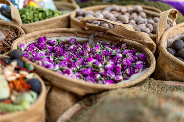 Dried rose buds are offered at the Carmel Market in Tel Aviv