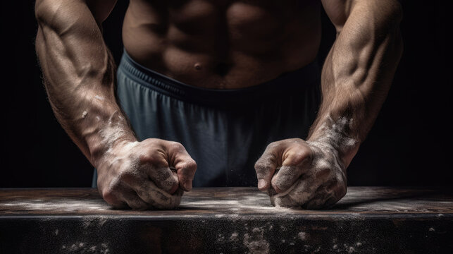 Detailed shot of weightlifter's hands on barbell chalk dust strength focus