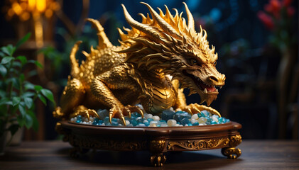 A statue with a small golden dragon