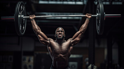 Fototapeta na wymiar Intense weightlifting scene body straining against weight brightly lit gym
