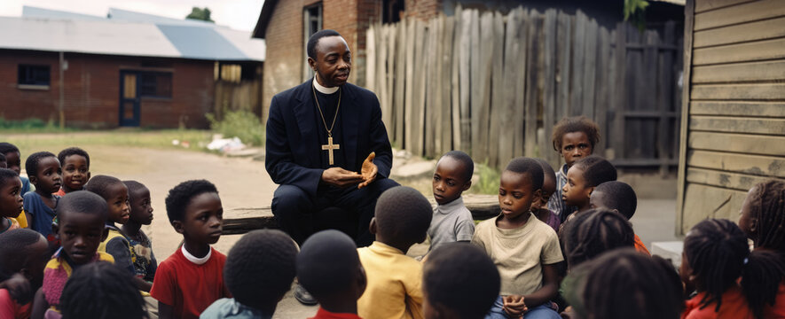 Black African pastor or priest preaching in village outside to group of poor looking children. Generative AI