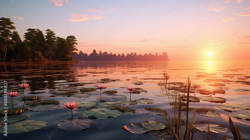 Aufkleber subtle ripples on the surface of a tranquil pond at sunrise background