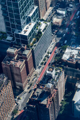 Aerial view over 9th Avenue and W 34th street in the Garment District, Midtown Manhattan, New York...