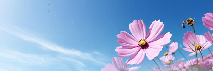 Pink spring flowers against blue sky. Spring and purity concept. Gentle pink flowers