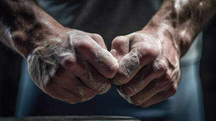 Close-up of weightlifter's hands gripping a barbell chalk in the air