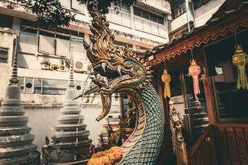 Dragon head decoration at Wat Chakrawatrachawat Woramahawihan (Wat Sam Pluem) Crocodile Temple in...