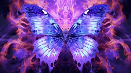 Papier Peint photo Lavable Papillons en grunge A 3d abstraction butterfly with kaleidoscopic wings, captured on a blooming purple iris.