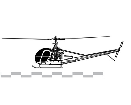 Hiller OH-23 Raven. Vector image of light observation helicopter. Side view. Image for illustration and infographics.