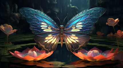 A 3d abstraction butterfly with stained glass-like wings, resting on the petal of a blooming lotus in a pond.