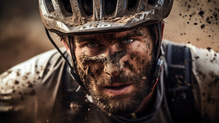 Focused mountain biker close-up of dirt and sweat-streaked face - obrazy, fototapety, plakaty