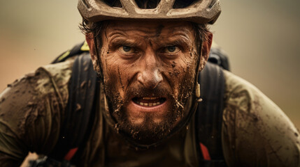 Obraz premium Biker's face close-up determination visible during technical ride