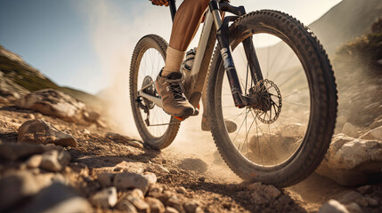 Biker's feet and legs in action detailed trail and bike components