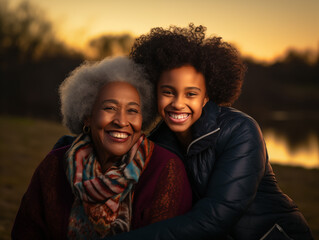 black grandmother with black granddaughter on the street, sunny weather.