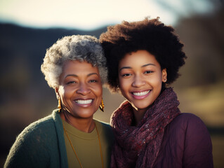 black grandmother with black granddaughter on the street, sunny weather.