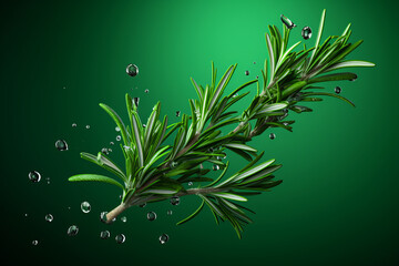 Green rosemary sprig under water with green light, with space for text.generative ai