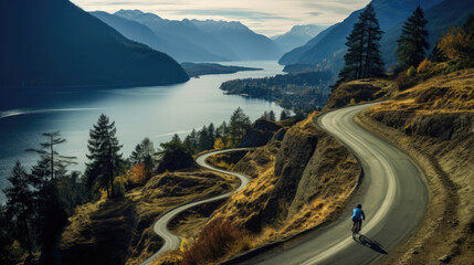 Mountain biker on switchbacks with lake view below