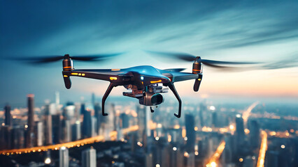 Autonomous surveillance drone flying over big city at night