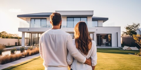 Young couple in front of their new modern home. Back view - obrazy, fototapety, plakaty