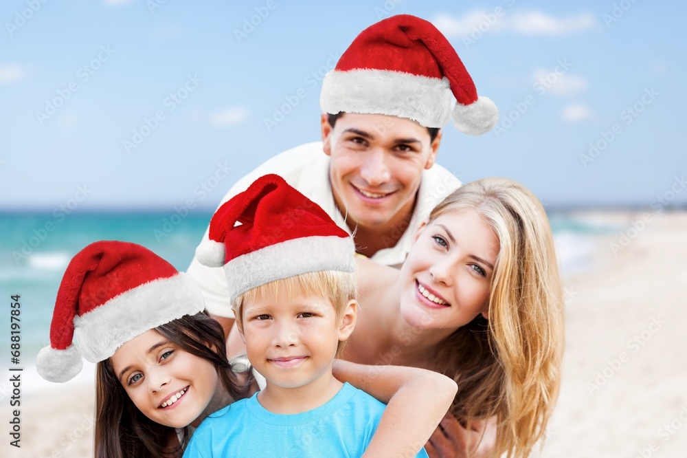 Poster happy family travel on beach in vacation,