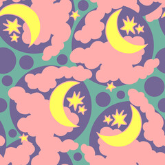Starry night seamless pattern with moon, stars and clouds. Boho style decorative background for wallpaper, digital paper, wrapping design, fashion fabric, textile print. Hand drawn illustration.