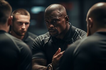 A strength and conditioning coach explains to athletes on a football team how to perform exercises. Athletes are engaged in physical training in the gym. Teamwork, motivation, sports, health. - Powered by Adobe