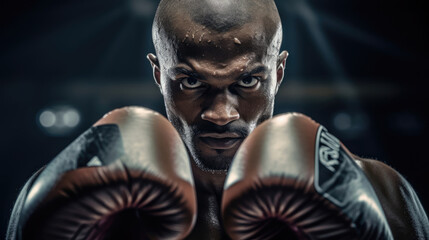 Fototapeta na wymiar Boxer in defensive stance close-up on determined face and gloves