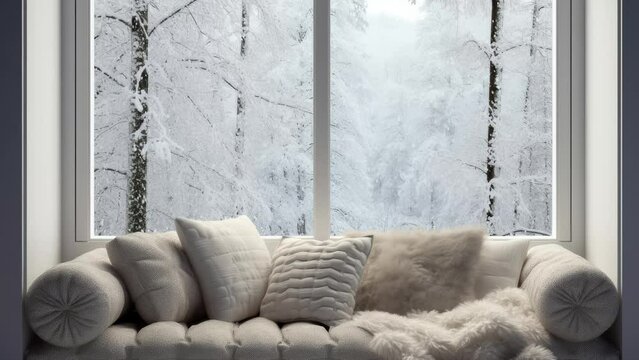Looped animation of snowfall outside the window. A cozy place to read and relax. Festive winter atmosphere. 4k video