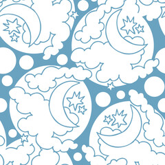 Starry night seamless pattern with moon, stars and clouds. Boho style decorative background for wallpaper, digital paper, wrapping design, fashion fabric, textile print. Hand drawn illustration.