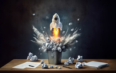 A rocket exploding from a waste basket, crumpled paper ideas show perseverance, effort, trial and error, conceptual success