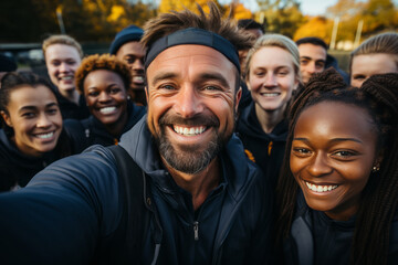 Cheerful coach takes a selfie with his students. The concept of sport, friendship and healthy lifestyle. Group of happy people taking selfie outdoors.
