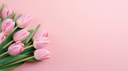 Fototapeta premium Spring tulip Flowers on pink background with copy space. Flat lay natural floral banner layout and text space. Romantic feminine composition. Wedding invitation. Happy Women, Mother Day, birthday