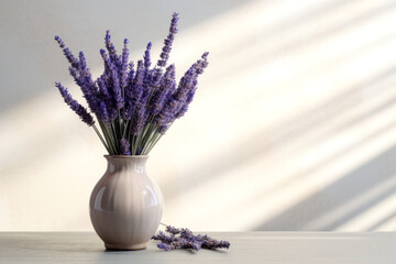 Beautiful white vase with lavender flowers on the background of a light white empty wall with sunlight and shadows with space for text.generative ai