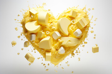 Concept of butter with splashes and swirls forming a heart shape.