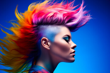 Obraz na płótnie Canvas Glamorous portrait of a woman with a crazy rainbow-colored hairstyle and bright makeup on a bright blue background.