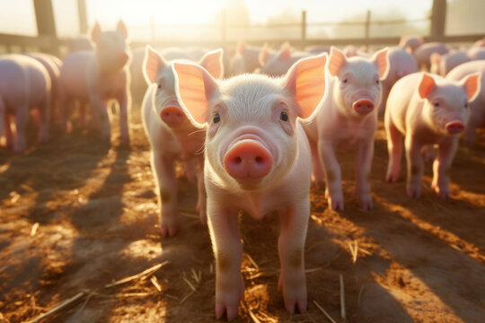 Funny little piglets walk in nature. A group of cute pink piglets in the pen with sunlight in the background.generative ai