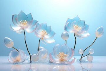 A bouquet of beautiful glass flowers on a blue and white background.