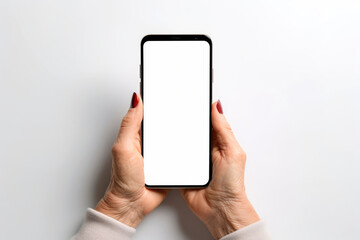 Hands or palms of an elderly woman holding smartphone with white screen with space for graphics, text or logo, top view from the eyes, isolated on light background.generative ai