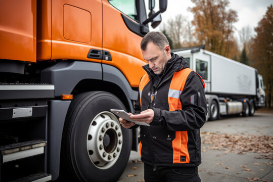 A professional industrial truck driver wearing a vest as a safety measure performs a technical inspection of the vehicle before the next drive on the tablet.generative ai
