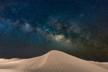 Natural park of Maspalomas dunes in Gran Canaria with the Milky Way, Canary Islands, Spain