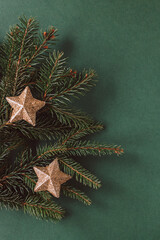 Spruce branches with golden sparkling stars on a dark green background.