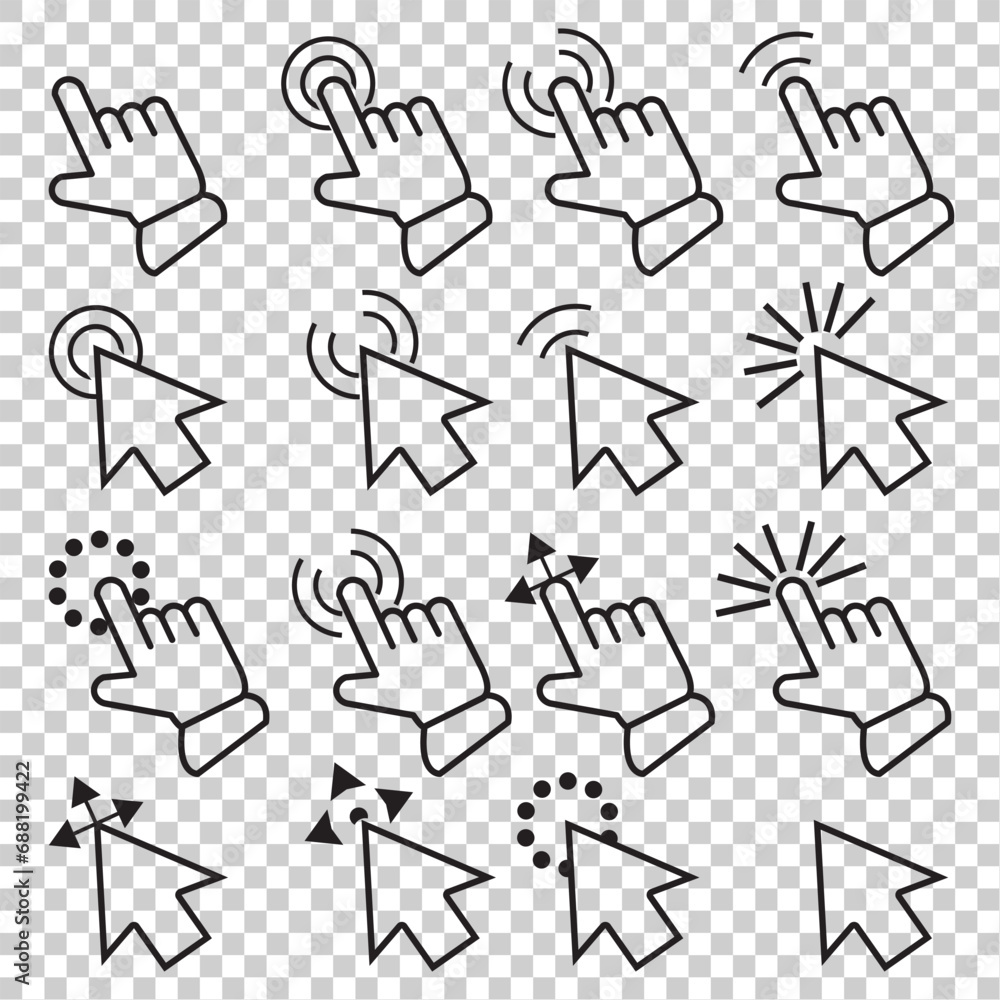 Poster pointer click icon set of 16.computer mouse click cursor. load symbol. pointer cursor and loading ic