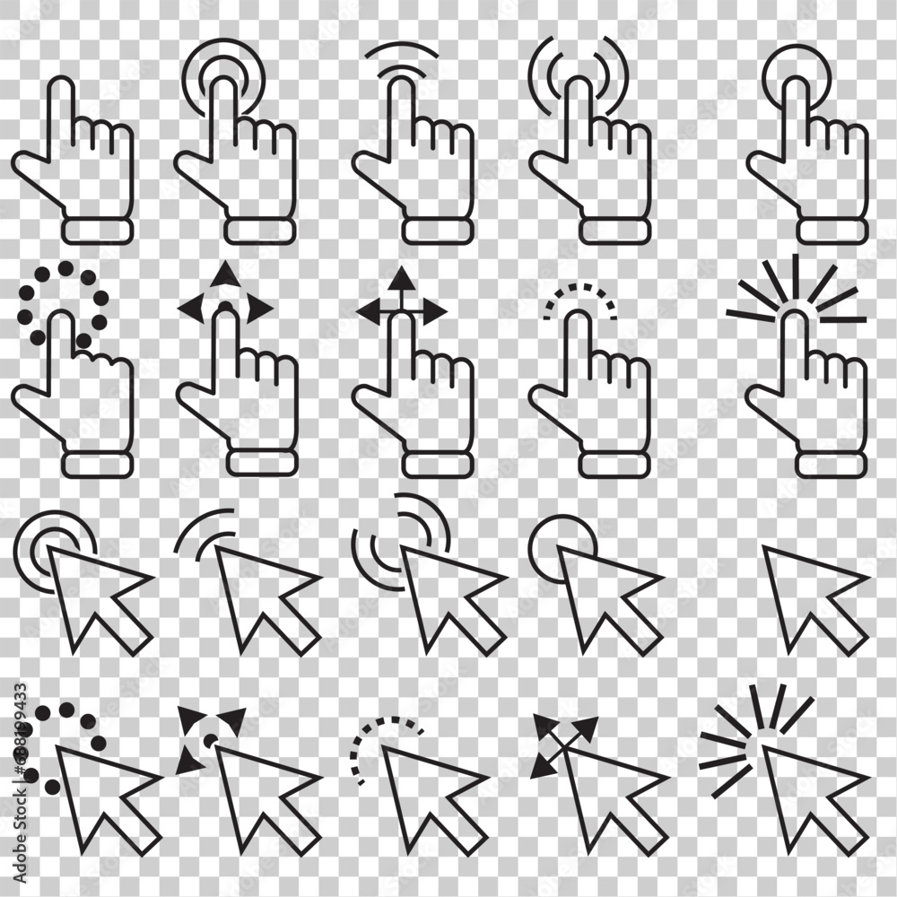 Poster pointer click icon set of 20.computer mouse click cursor. load symbol. pointer cursor and loading ic