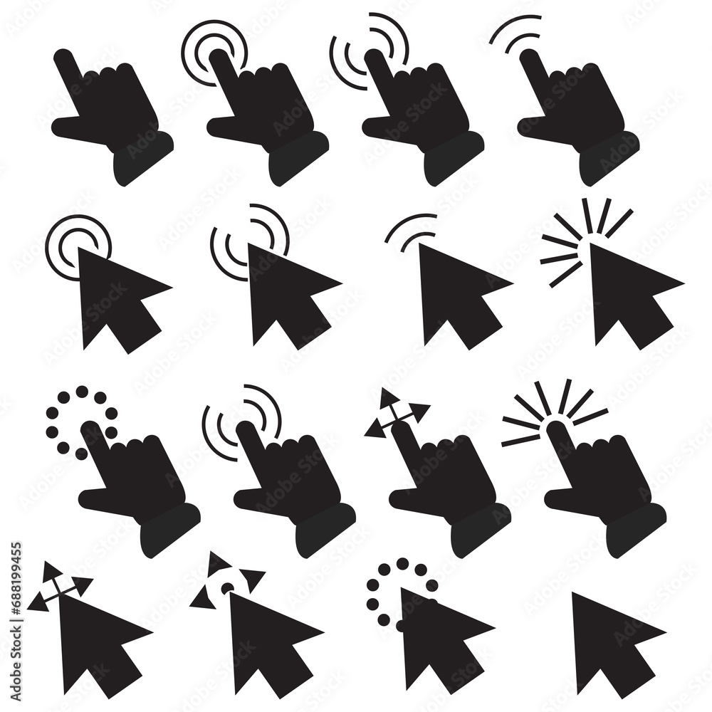 Poster pointer click icon set of 16, computer mouse click cursor, cursors icons click set. clicking cursor,